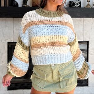 Emory Park Cream and Green Chunky Knit Crew Neck Sweater